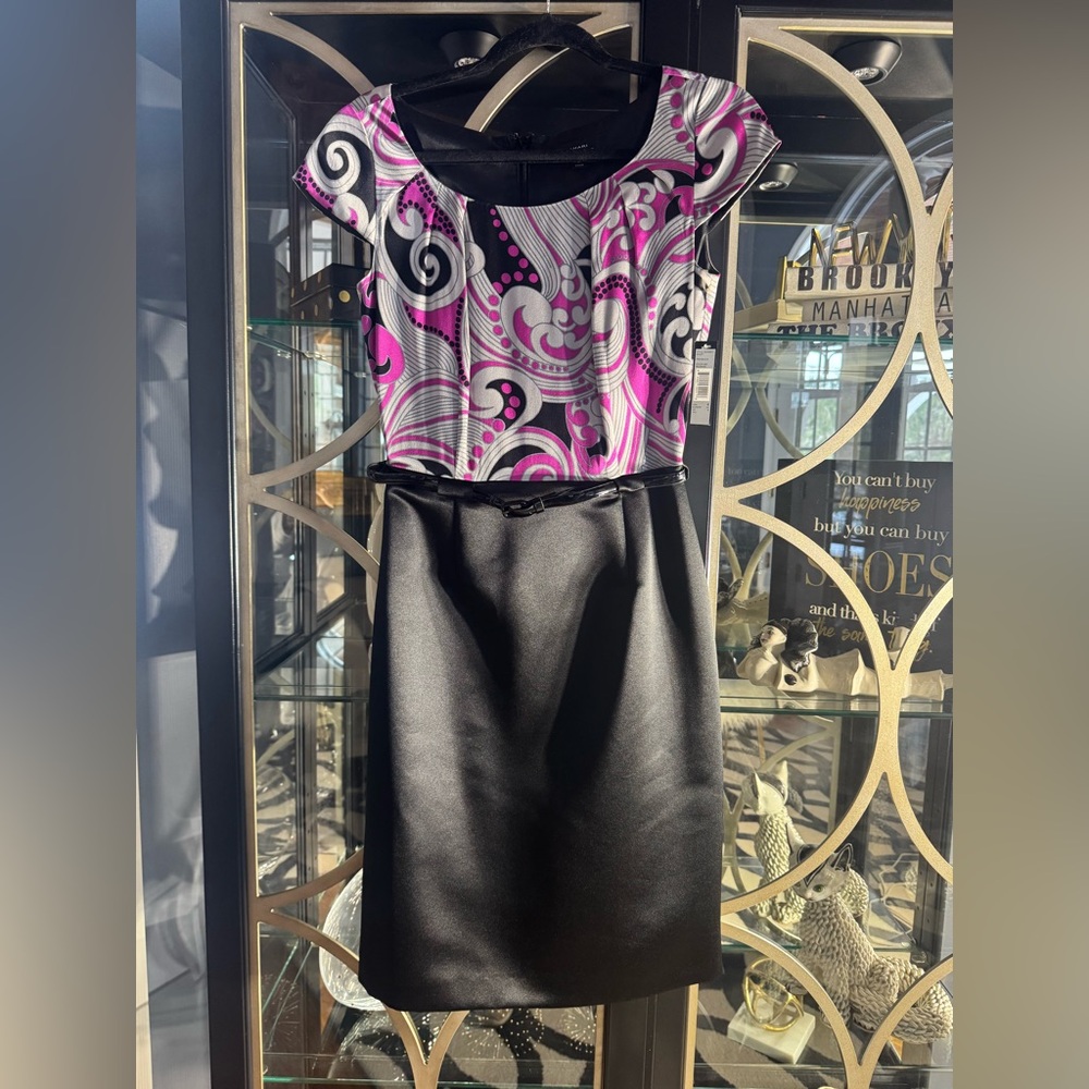 Tahari Silver/Raspberry/ Black Belted Dress